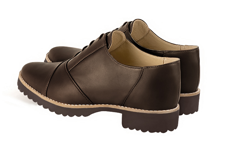 Dark brown women's casual lace-up shoes. Round toe. Flat rubber soles. Rear view - Florence KOOIJMAN